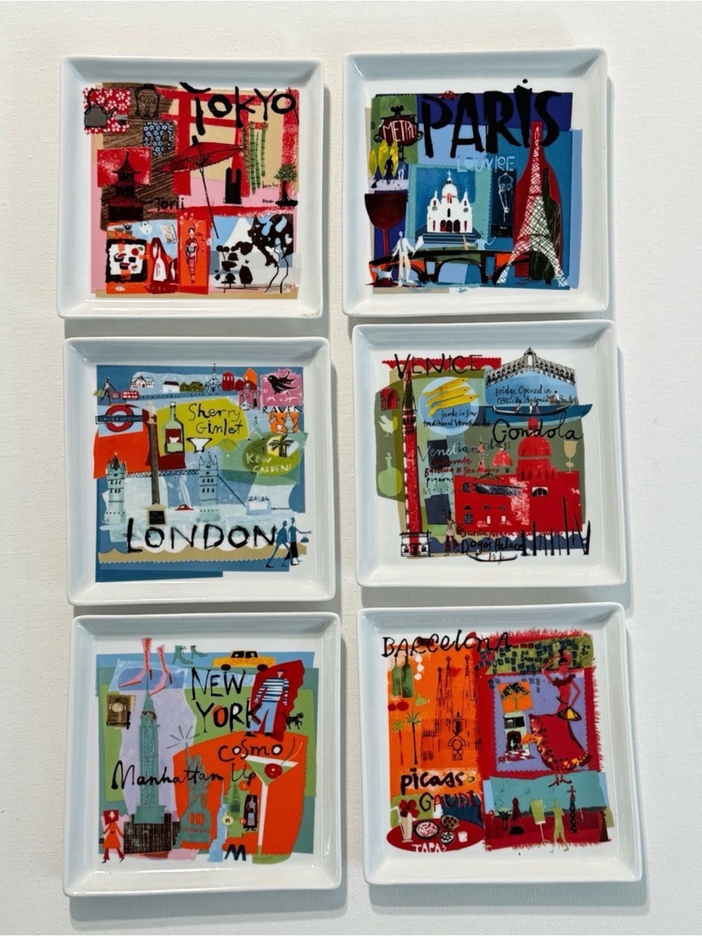 Crate & Barrel World Travel City Plates ( or coasters ) Set of 6 – Discontinued